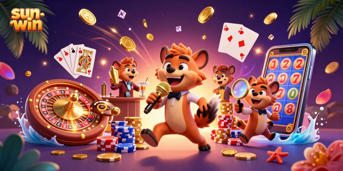 Engage with sun-win in a vibrant casino scene featuring hyenas mixing drinks and telling jokes.