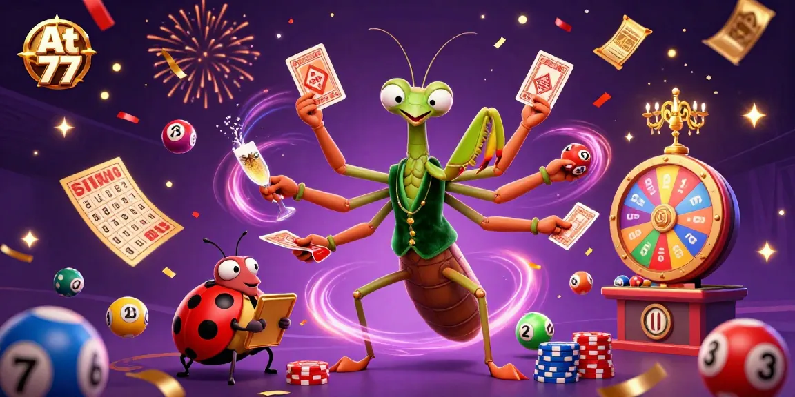 Experience the excitement at 77 with a vibrant 3D casino scene featuring dynamic lottery elements and engaging cartoon characters.