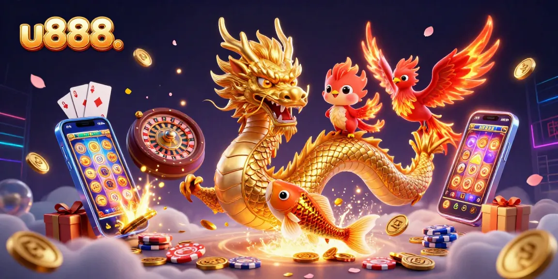 Experience u888. with a dynamic 3D scene of a golden dragon and phoenix amidst vibrant casino elements.