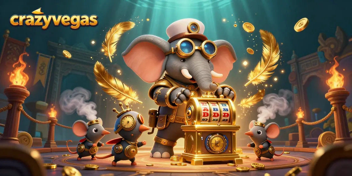 Experience thrilling wins at crazyvegas with a steampunk elephant operating a vibrant golden slot machine.