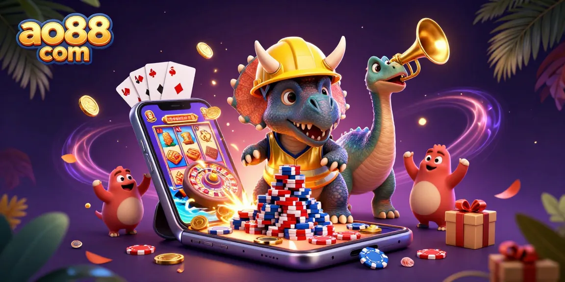 Experience the thrill of ao88 com with a triceratops building poker chips amidst festive gaming elements