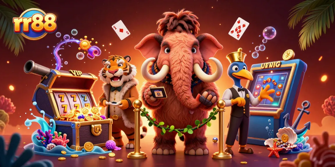 Experience rr88's thrilling casino ambiance with unique characters and vibrant game elements.