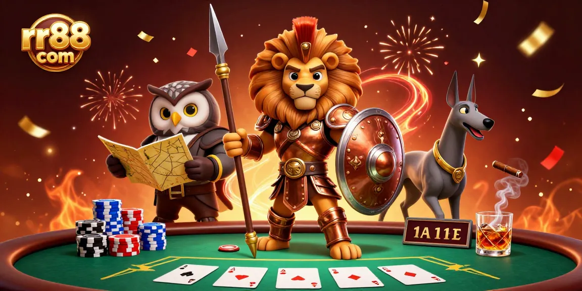 Experience the excitement at rr88 com with a lively casino battle scene featuring a Spartan lion, owl strategist, and greyhound messenger.